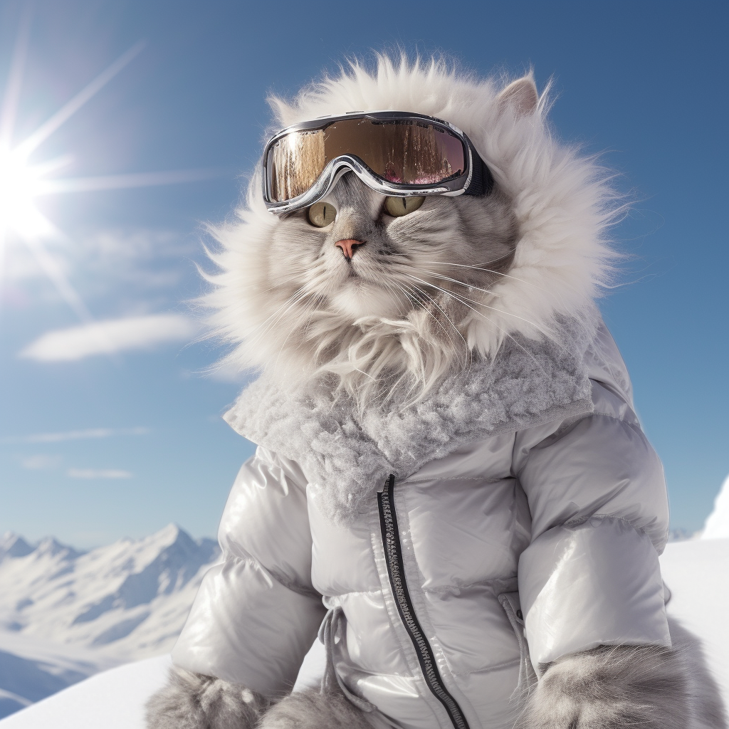 A profile picture consisting of a cat wearing a ski outfit with an everest backdrop on a sunny day.